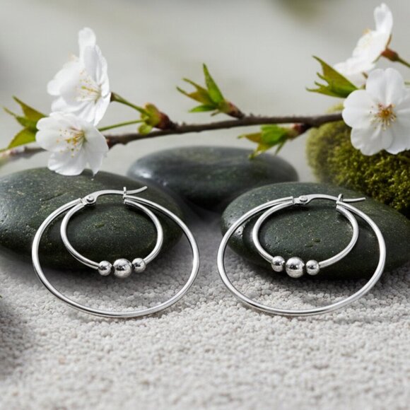 Minimalist Elegant Silver Beaded Stainless Steel Hoop Earrings β 1.4" Diameter - Picture 11 of 13